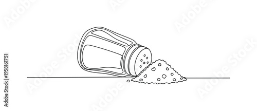 Dining Table Salt Spill. Minimalistic one-line drawing salt shaker lying on its side with grains forming a small mound on a dining table, continuous single