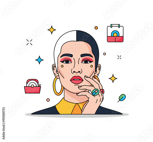 Creative portrait photography with a subject wearing bold makeup and accessories against a minimalist backdrop, highlighting artistic experimentation and