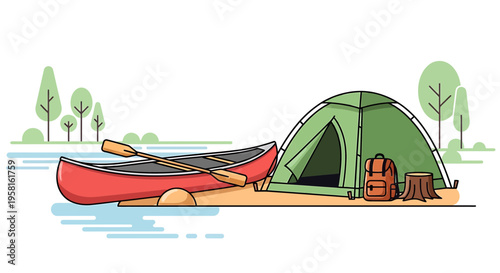 Vector illustration of camping scene with canoe, tent, and campfire by lake