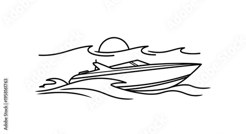 Vector illustration of a speedboat on waves at sunset