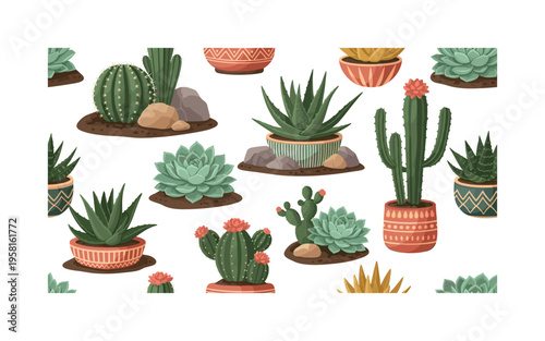 desert succulent plants seamless pattern, echeveria, aloe, crassula, and cacti with soil, rocks and planters arranged in a repeating pattern, white background