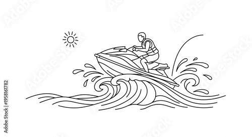 Vector illustration of a person riding a jet ski on waves