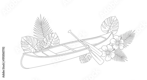 Vector illustration of canoe with tropical leaves and flowers