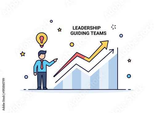 Leadership guiding teams through recession showing a leader icon pointing toward a bright arrow emerging from a declining graph. The illustration represents