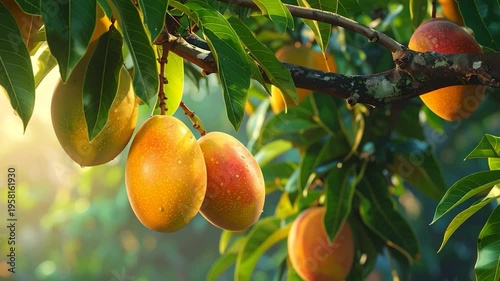 Ripe mangoes hanging from a branch, with green leaves, glistening with water droplets and dappled sunlight