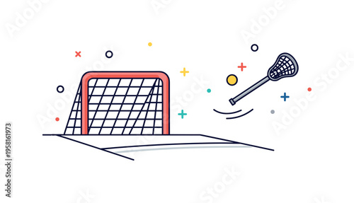 Lacrosse field play stylized goal net standing on a simple field line while a stick approaches with the ball ready for a shot. The composition reflects