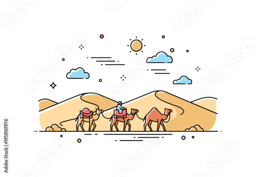 Desert caravan journey stylized camels moving slowly across tall sand dunes while a small sun and drifting clouds sit above the horizon. The illustration