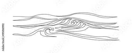 Gentle Coastal Waves. Minimalistic one-line drawing soft coastal ocean waves moving toward the shore in a smooth flowing pattern, continuous single black line