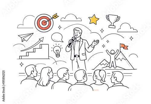 Motivational Seminar. Speaker on stage with audience listening closely, positive energy filling the room. Floating icons like targets, steps, and stars