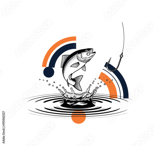 black and white fish jumping from lake water near a fishing line hook, cut-out collage style with white outline, bold circular ripples and geometric arcs