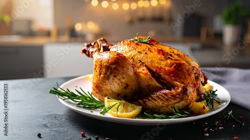 Roasted whole bird on a plate, garnished with herbs and citrus, in a kitchen setting