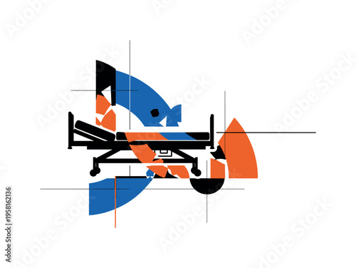 Black and white hospital bed silhouette isolated in negative space, overlaid with large geometric arcs and fragmented blocks representing unequal care, minimal