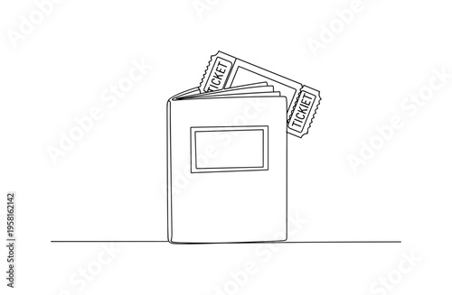 Opera Program and Ticket. Minimalistic one-line drawing elegant opera playbill booklet with a ticket resting on top representing a performance evening,