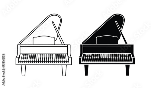 Silhouette of grand pianos in black and white silhouette