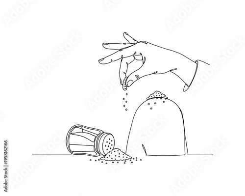 Salt Superstition Spill. Minimalistic one-line drawing hand tossing a pinch of spilled salt over the shoulder after knocking over a shaker, continuous single