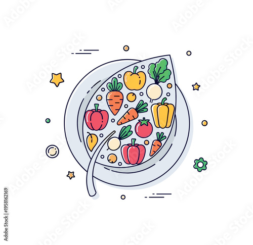 Plant based disease prevention plate filled with colorful vegetables forming a simple leaf shape. A modern editorial badge expressing preventive nutrition