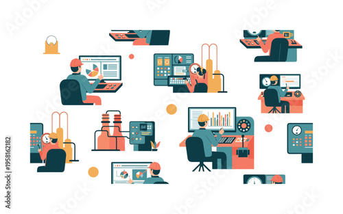 industrial monitoring seamless pattern, engineers working in control rooms with computer screens, buttons, gauges, charts and levers arranged in a repeating