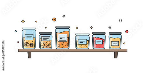 Kitchen storage containers clear jars with simple labels and visible food ingredients arranged symmetrically on a pantry shelf. The scene communicates order