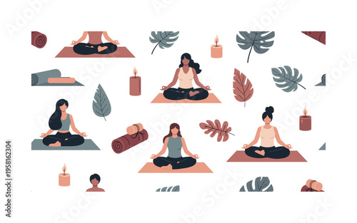 Yoga and meditation with calm people in lotus pose, yoga mats, candles and leaves arranged in peaceful composition, seamless pattern, repeating pattern,