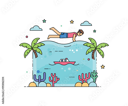 Floating above tropical lagoon with a relaxed traveler hovering over clear water while a small boat and coral shapes appear below. The scene evokes vacation