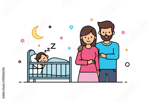 Parents watching child sleep peaceful nighttime scene with a small child sleeping in a crib while two parents stand nearby with gentle smiles and tiny star