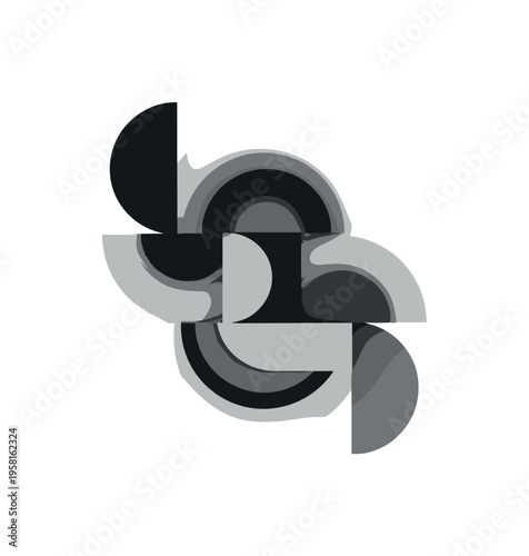 AI-generated film storyboard, geometric circles semicircles and abstract blocks representing planning and automation, black and white retro realistic