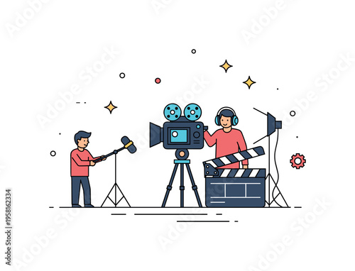 Film crew working behind the camera a compact scene where a camera on tripod faces a small actor figure while a boom microphone and clapperboard create the