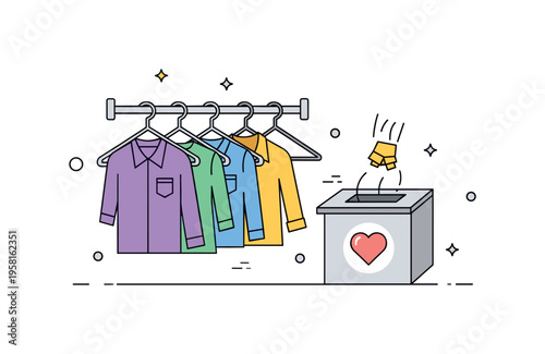 Closet cleanout activity illustrated by a few hangers with shirts being moved toward a donation box with a heart symbol. Visual metaphor of sharing unused