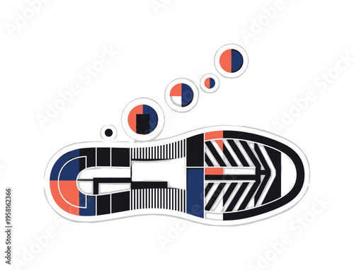 A monochrome sneaker sole imprint centered in composition, tread pattern simplified into bold geometric blocks and linear grids, abstract circular forms