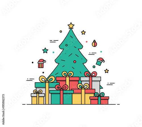 Christmas gift exchange illustration featuring neatly wrapped presents arranged under a stylized tree silhouette, symbolizing generosity and festive tradition.