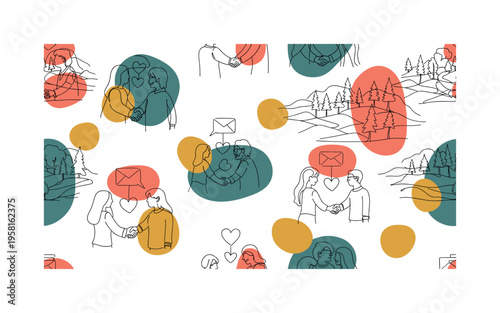 emotional connection seamless pattern, partners holding hands, exchanging messages, hearts, gentle touches, and affectionate gestures arranged in a repeating