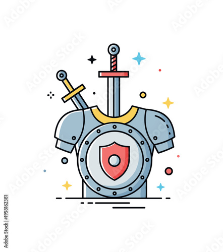 Knight defense symbol round shield with a simple crest positioned in front of chest armor while a small sword icon appears behind the composition. The visual