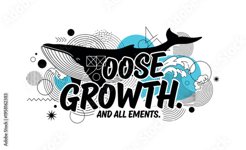 whale silhouette swimming through geometric waves abstract circles semicircles lines and geometric shapes representing endangered ocean giants black and white