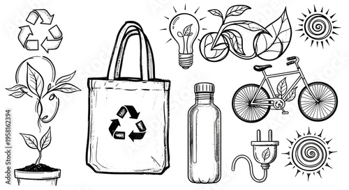 vector set hand-drawn of shopping bags and vegetables