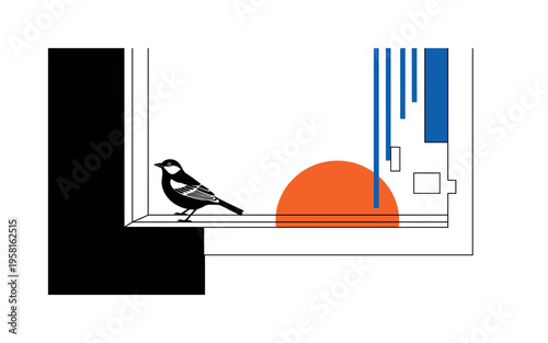 Black and white bird perched on a window sill edge, bold orange semicircle outside symbolizing dawn, thin vertical blue bars like abstract blinds, rectangular