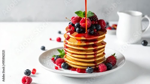 Stack of golden pancakes topped with fresh berries, drizzled syrup, and sprigs of mint on white plate