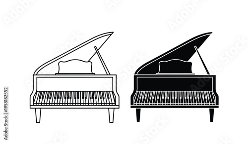 Silhouette of two grand pianos side by side in black and white