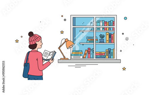 Bookstore window browsing cozy shop window displaying books and a small reading lamp while a curious passerby pauses to explore the titles. The composition