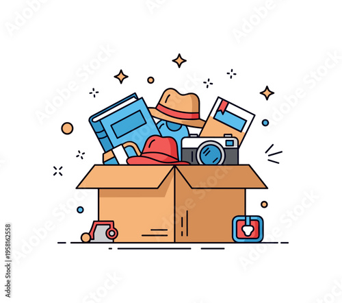 Thrift store treasure hunt illustrated through an open box filled with mixed items like a book, hat, and camera, with small star accents expressing surprise