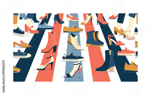 variety of shoes walking together seamless pattern, many types of shoes including sneakers loafers boots heels and sandals stepping forward on simple path