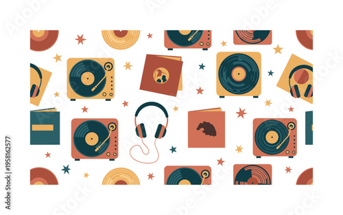 music vinyl archive seamless pattern, LP albums, turntables, headphones, record covers and stars arranged in a repeating pattern, white background with warm