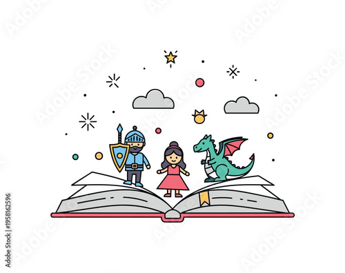 Enchanted storybook world open book with miniature fairy tale characters including a knight, princess, and dragon rising from the pages like a tiny magical