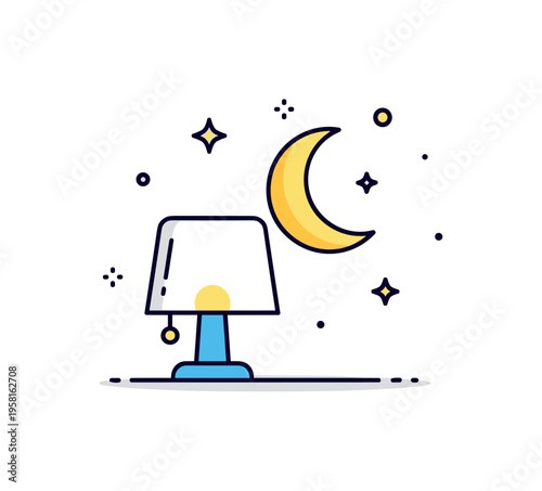 Low light environment shown as a small lamp glowing softly beside a crescent moon and tiny stars. Peaceful nighttime visual suggesting dim lighting and a calm