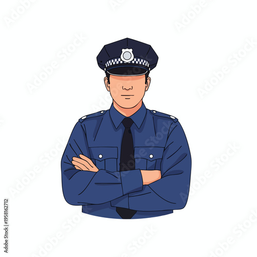 Man in police uniform, arms crossed, standing stoically