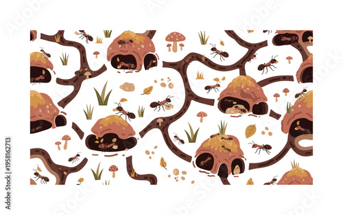 ant colony illustration seamless pattern, ants crawling, carrying crumbs and leaves, exploring tunnels, anthills and small vegetation arranged in a repeating