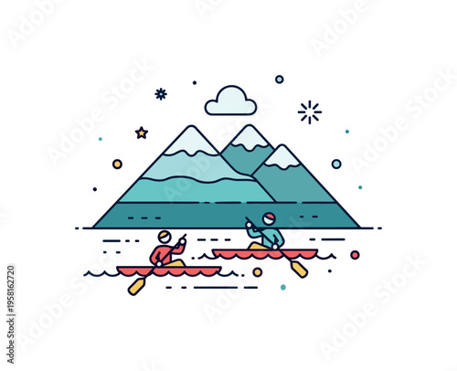 Peaceful paddling scene simplified figures drifting across crystal clear water with layered mountains and a small cloud detail above, conveying calm focus and