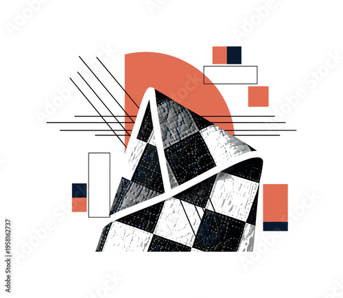 minimalist composition featuring a folded faded quilt corner with stitched patchwork squares, black and white fabric textures outlined with white cut-out