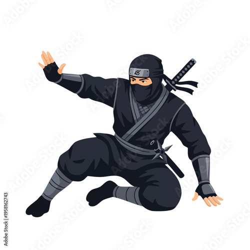 A stylized, dynamic illustration of a ninja in mid-air, armed with swords and shurikens