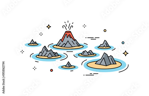 Volcanic island archipelago group of rugged islands with a small volcanic cone rising from one island while surrounding waters form a natural island chain. The