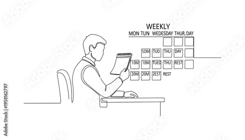 Calendar Review. Minimalistic one-line drawing person sitting at desk reviewing weekly calendar with clear spaces for rest, continuous single black line on